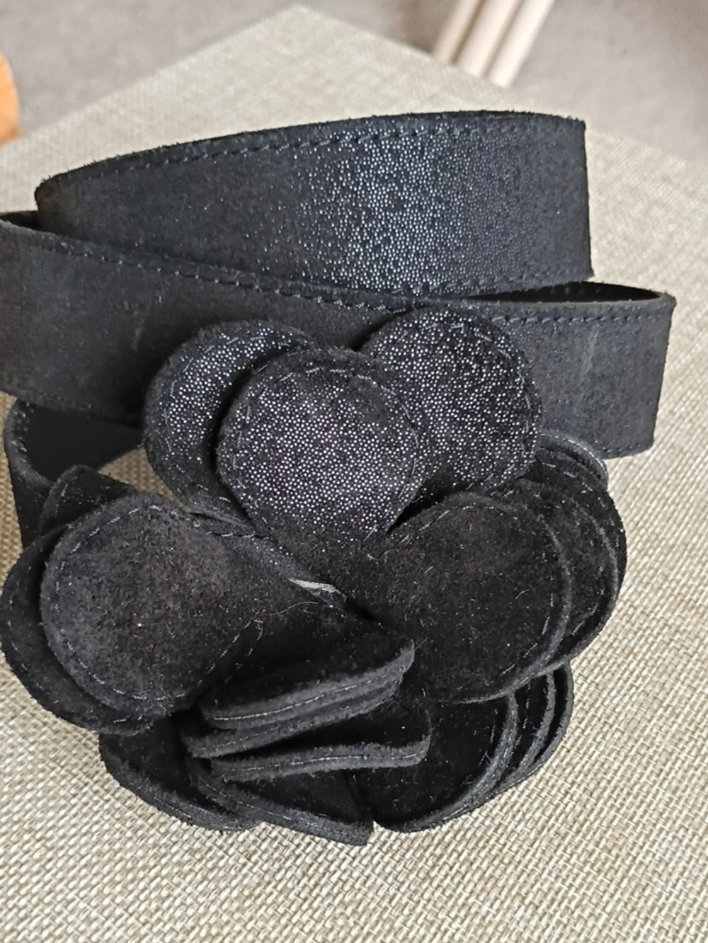 Black Floral Belt with Layered Fabric Flower Real Leather Made In Italy Chanel S